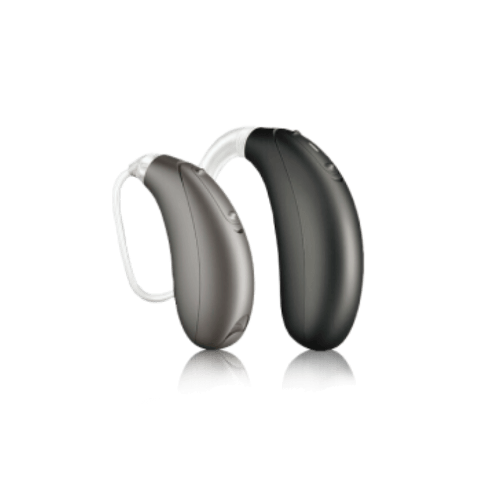 Aparelhos auditivos Argosy retroauriculares nas cores grafite e preto